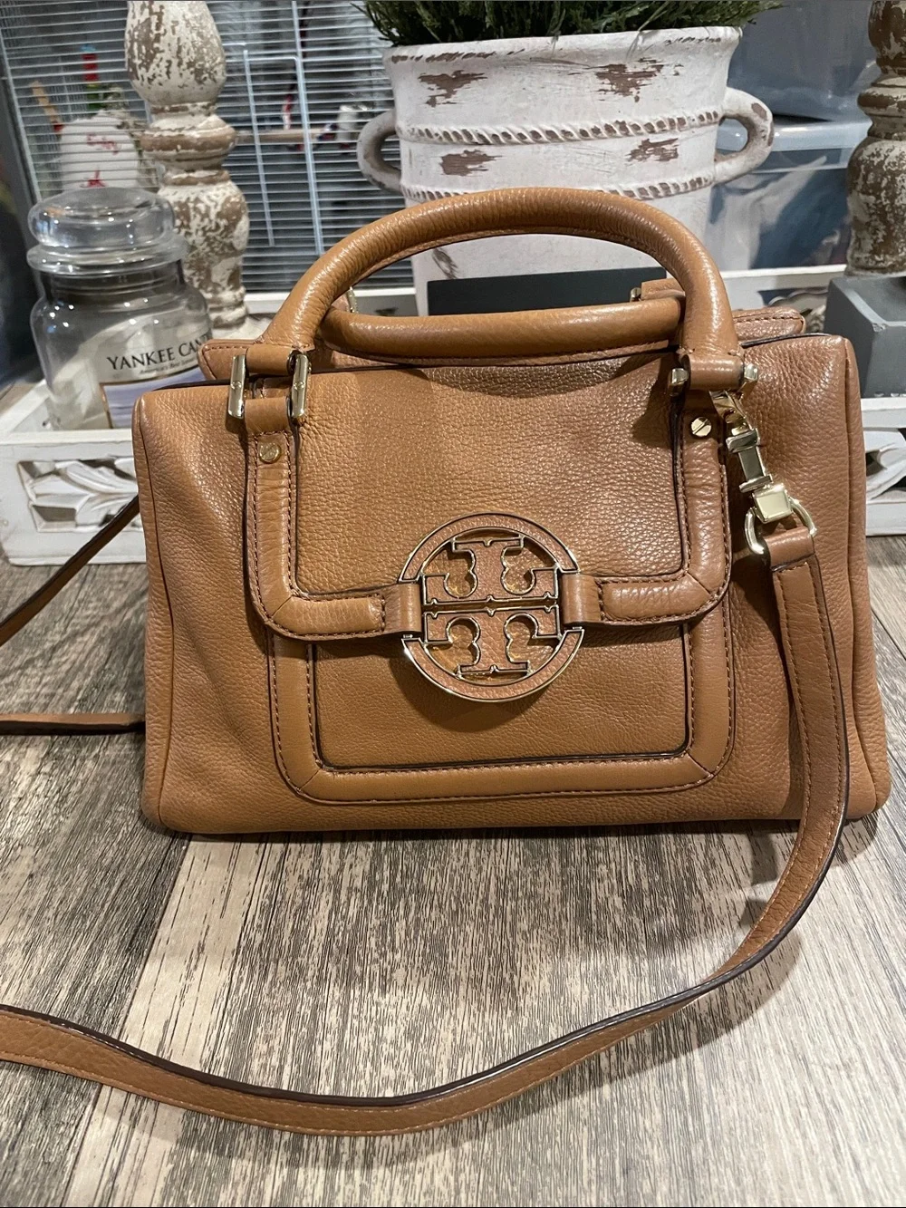 Tory Burch Carried Leather Satchel in Cognac Brown